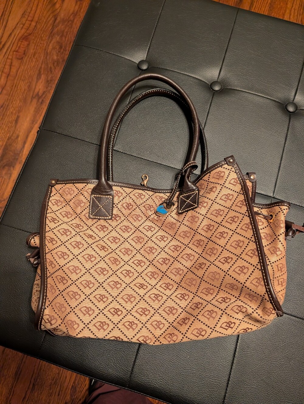 Women's Tan Patterned Dooney & Burke Tote Bag with Dark Brown Handles